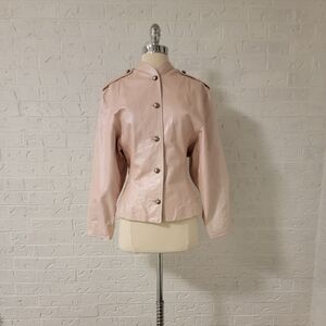 rare vintage pastel pink cinched waist 80s leather jacket military epaulettes S